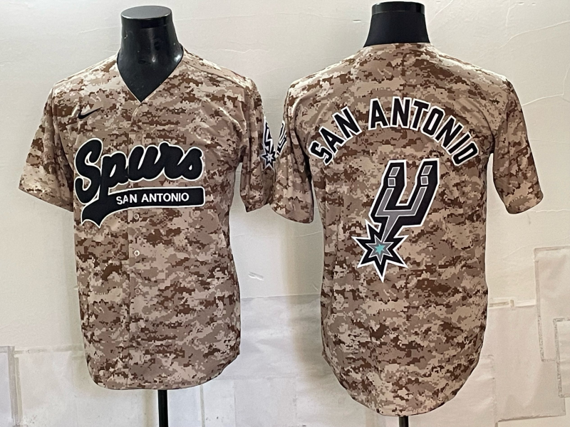 Men's Tan San Antonio Spurs Team Big Logo Camo Stitched Baseball Jersey